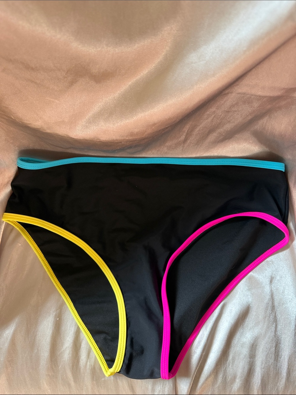 Black Women's Bikini Bottom with Blue, Yellow & Pink Trim